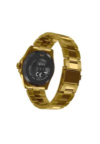 Montre dorée avec bracelet en métal. Boîtier rond, cadran noir avec logo et marquages CE. Maillons ajustés pour un ajustement sécurisé.