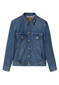 Chaqueta azul de mezclilla con mangas largas, cierre frontal con botones, dos bolsillos con solapa y botones en el pecho, y un cuello clásico.