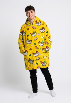Žltá, veľká deka s kapucňou s kreslenými vzormi jedla, vrátane misiek ramen, paličiek a rôznych jedál. Mäkký flísový materiál.