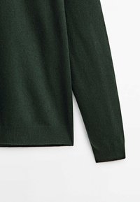 Pull en tricot vert foncé montrant une manche longue et un ourlet côtelé, avec une texture lisse et une coupe ajustée.