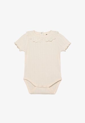 Body crème claire à manches courtes avec un col en broderie anglaise festonné et une texture côtelée. Fermetures à pression en bas pour un habillage facile.