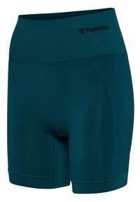 Turkosa atletiska shorts med hög midja, tillverkade av elastisk väv. Har ribbad struktur och en liten svart logotyp vid midjan.