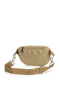 Borsa a tracolla in tessuto khaki con una tasca con zip, forma rettangolare e tracolla con marchio. Presenta accessori in argento e una superficie testurizzata.