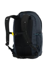 Rucksack in Dunkelblau mit schwarzen gepolsterten Trägern, Netzrückenpaneel, verstellbaren Schnallen und Seitentaschen. Verfügt über ein elegantes, ergonomisches Design.