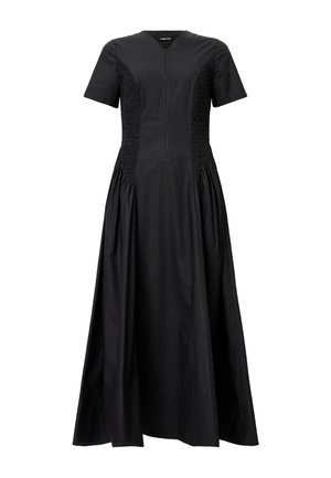 Schwarzes Baumwollkleid mit kurzen Ärmeln, einem Reißverschluss vorne und gekräuselten Details an der Taille, mit einem fließenden Rockdesign.