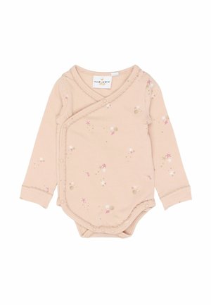 Body de manga larga en rosa pálido con diseño cruzado, con pequeños patrones de flores y helados, y ribete de encaje en el escote y los puños.