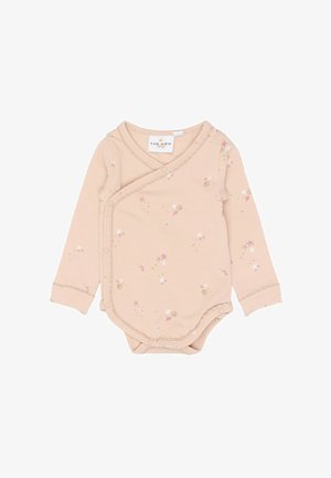 Body a maniche lunghe rosa pallido con design a incrocio, caratterizzato da piccoli motivi floreali e di gelato, e rifiniture in pizzo lungo lo scollo e i polsini.