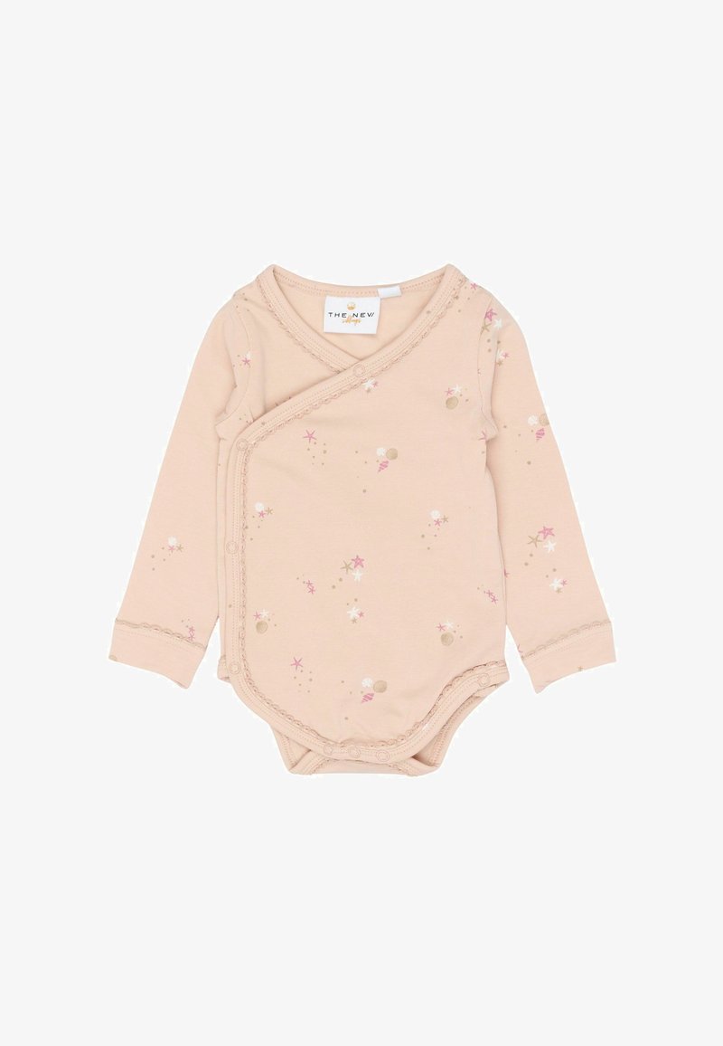 Body à manches longues rose pâle avec design cache-cœur, orné de petits motifs floraux et de glaces, avec une bordure en dentelle le long de l'encolure et des poignets.