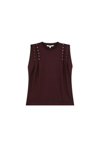 Haut sans manches bordeaux foncé avec des clous sur les épaules, fabriqué en tissu doux. Présente un col rond classique et une coupe décontractée.