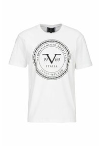 Witte katoenen t-shirt met ronde hals en korte mouwen. Zwart cirkelvormig grafisch logo met "V 1969" en kettingdetail in het midden.