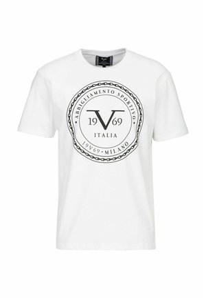 Weißes Baumwoll-T-Shirt mit rundem Ausschnitt und kurzen Ärmeln. Schwarz-weißes, kreisförmiges grafisches Logo mit "V 1969" und Kettendetail in der Mitte.