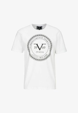 Weißes Baumwoll-T-Shirt mit rundem Ausschnitt und kurzen Ärmeln. Schwarz-weißes, kreisförmiges grafisches Logo mit "V 1969" und Kettendetail in der Mitte.