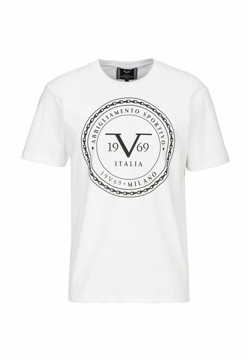 Witte katoenen t-shirt met ronde hals en korte mouwen. Zwart cirkelvormig grafisch logo met "V 1969" en kettingdetail in het midden.