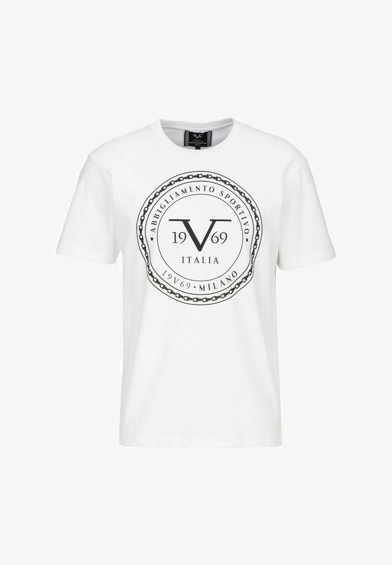 Witte katoenen t-shirt met ronde hals en korte mouwen. Zwart cirkelvormig grafisch logo met "V 1969" en kettingdetail in het midden.