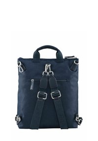 Zaino in tessuto blu navy con maniglia superiore, spallacci regolabili, tasca frontale con zip e dettagli in metallo argentato. Texture liscia, design minimalista.