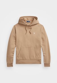 Felpa con cappuccio in misto cotone color sabbia, con tasca a canguro davanti, polsini a coste e un piccolo logo sul petto. Texture liscia.