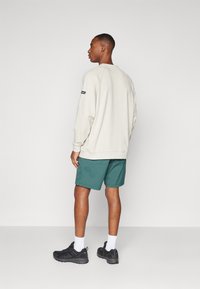 Beżowy sweatshirt z rękawami raglanowymi, sparowany z zielonymi szortami. Czarne buty i białe skarpetki dopełniają strój. Prosty wzór, bez żadnych deseniów.