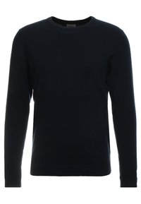Maglione a maglia blu navy, collo a giro, maniche lunghe, polsini e orlo a coste, texture liscia, senza modelli o grafiche visibili.