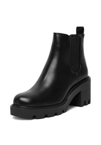 Melnas ādas potītes zābaki ar elastīgām sānu daļām, masīlu melnu papēdi, noapaļotu purngalu un teksturētu zoli ar labu saķeri.