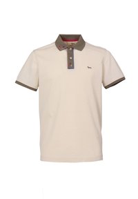 Polo tričko vo smotanovej farbe s tmavozeleným golierom a manžetami, so farebnou výšivkou na golieri a malým logom na hrudníku.