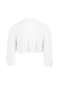 Biały, krótki, puszysty sweter z długimi rękawami i okrągłym dekoltem. Tekstura jest miękka i ma puszysty wygląd, idealna do noszenia w warstwach.
