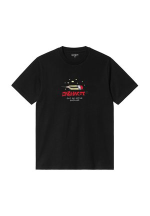 Czarny bawełniany t-shirt z krótkimi rękawami z kolorowym graficznym wzorem, w tym ołówkiem i gwiazdami, oraz napisem "CARHARTT OUT OF OFFICE SUPPLIES."