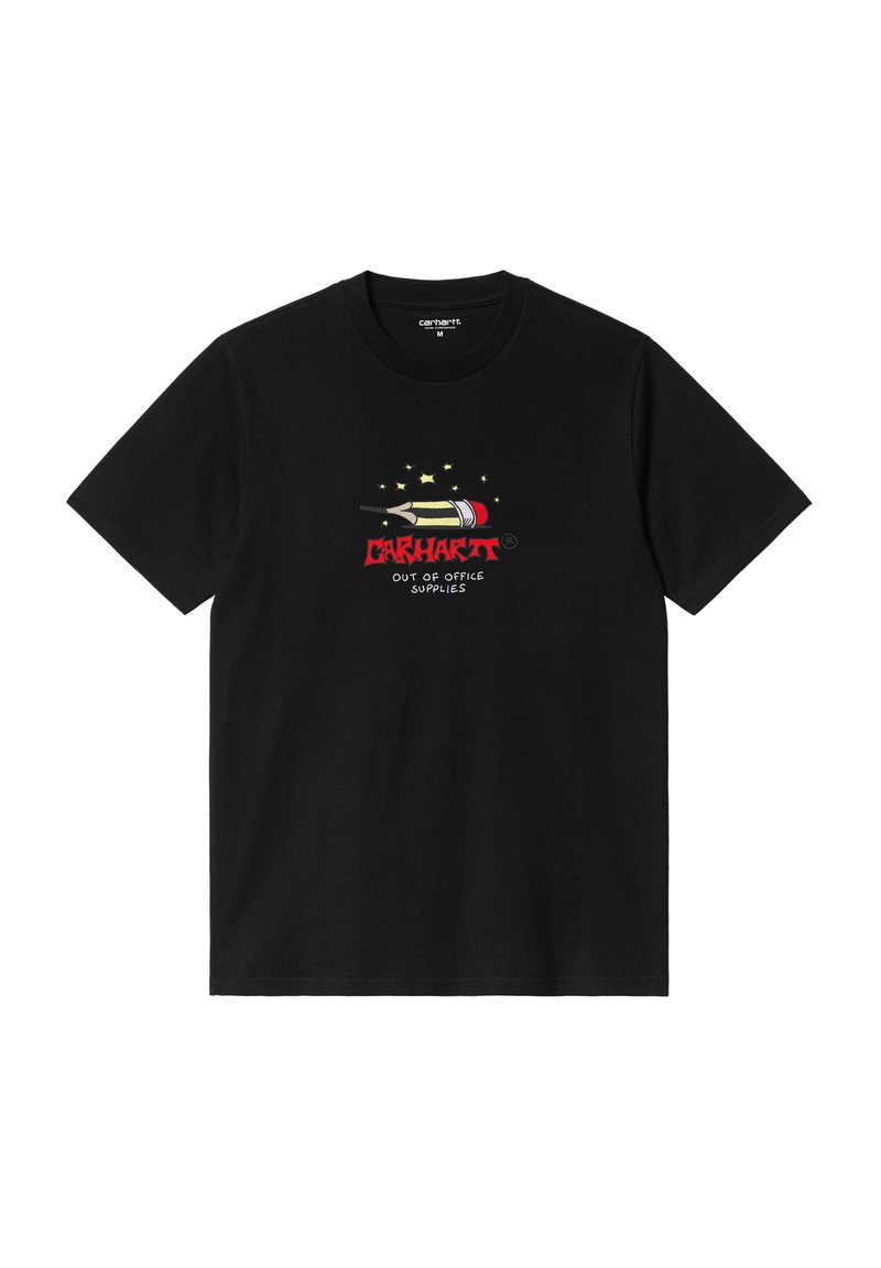 Camiseta de algodón negra con mangas cortas que presenta un diseño gráfico colorido, que incluye un lápiz y estrellas, y la frase "CARHARTT FUERA DE MATERIAL DE OFICINA".