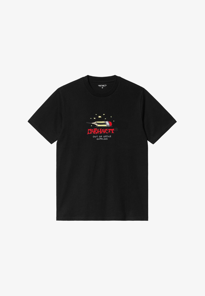 Camiseta de algodón negra con mangas cortas que presenta un diseño gráfico colorido, que incluye un lápiz y estrellas, y la frase "CARHARTT FUERA DE MATERIAL DE OFICINA".