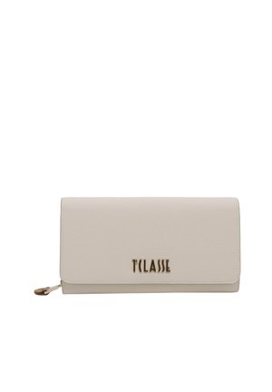 Portafoglio lungo beige con texture, chiusura a patta e logo dorato "T CLASSE" al centro sul davanti.