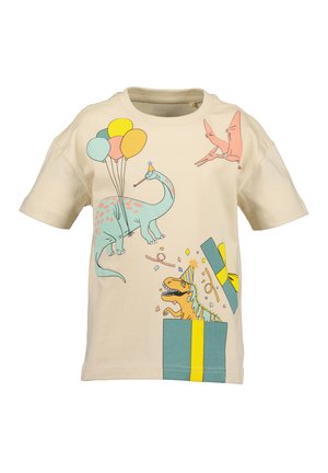 Beige bomulds-T-shirt med farverige dinosaur-grafikker, balloner og en gaveæske med et gult bånd. Rund hals og korte ærmer.
