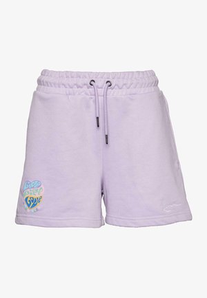 Világos lila, elasztikus derékkal ellátott sportcshorts, állítható zsinórral és kontrasztos, hímzett logóval. Kiemelkedő jellemzője egy színes szív grafika felirattal.
