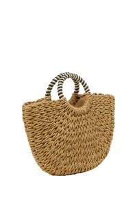 Vævet stråtaske med to runde håndtag; naturlig tekstur; har sort og hvid stribet håndtagsdetaljer. Rund, åben design.