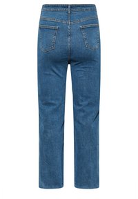 Jeans in denim blu con un design a gamba dritta, dotati di due tasche posteriori e una texture leggermente sbiadita. Vita standard con passanti per cintura.