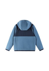 Veste en fleece bleu clair avec un panneau bleu marine à l'arrière. Dotée d'une capuche et d'un tissu texturé, elle est finie avec des poignets et un ourlet élastiques.