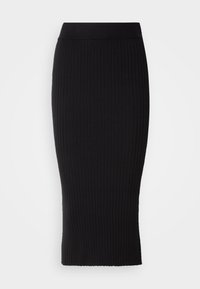 Jupe crayon noire côtelée à taille haute, silhouette ajustée, longueur au genou, avec une texture côtelée verticale.