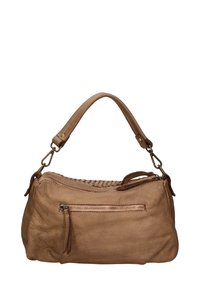 Borsa a mano in pelle marrone con un design intrecciato sulla parte superiore, chiusura con zip nella parte superiore e tasca con zip laterale. Presenta un'unica maniglia curva e accessori in metallo.