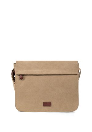 Sac messager en toile couleur fauve avec fermeture à rabat, bandoulière réglable et petite pièce en cuir au centre avant.