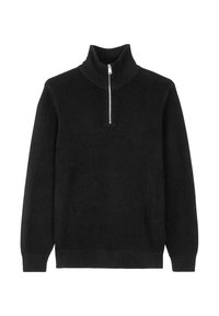 Pull noir en tricot fabriqué dans un tissu doux, avec un col montant et un court zip au niveau du cou. Poignets et ourlet côtelés.