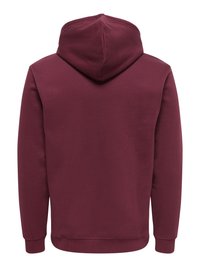 Maroon pullover hoodie with a hood, long sleeves, and ribbed cuffs and hem. Smooth texture, simple design, and solid color without patterns.