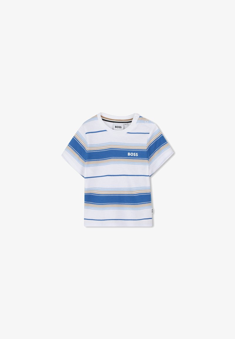T-shirt à manches courtes en coton, avec des rayures horizontales bleues et beiges sur fond blanc, arborant le logo "BOSS" en bleu.
