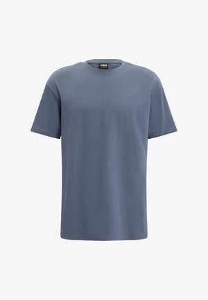 Majica kratkih rukavov s krojem okroglega vratu v modro-sivi barvi iz bombaža. Gladka tekstura, sproščen kroj, brez vidnih logotipov ali vzorcev.