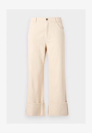 Εκρού παντελόνι φαρδιάς γραμμής με κουμπί στο μπροστινό μέρος, θηλιές για ζώνη, εμπρόσθιες τσέπες και διπλωμένα μανσέτα.