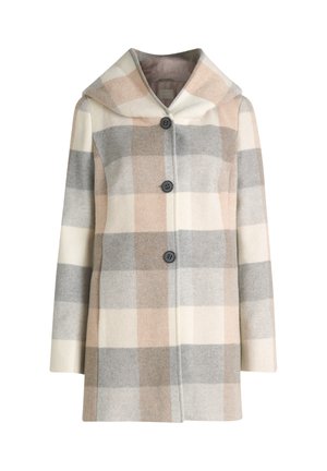 Hættefrakke med stort ternet mønster i creme, beige og grå, der har tre sorte knapper foran.