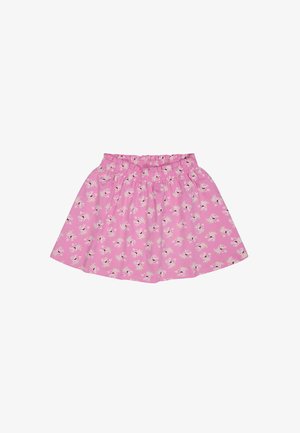 Roze rok met een elastische tailleband, met een speelse print van cartoondieren en kroontjes over de stof. Zachte katoen textuur.