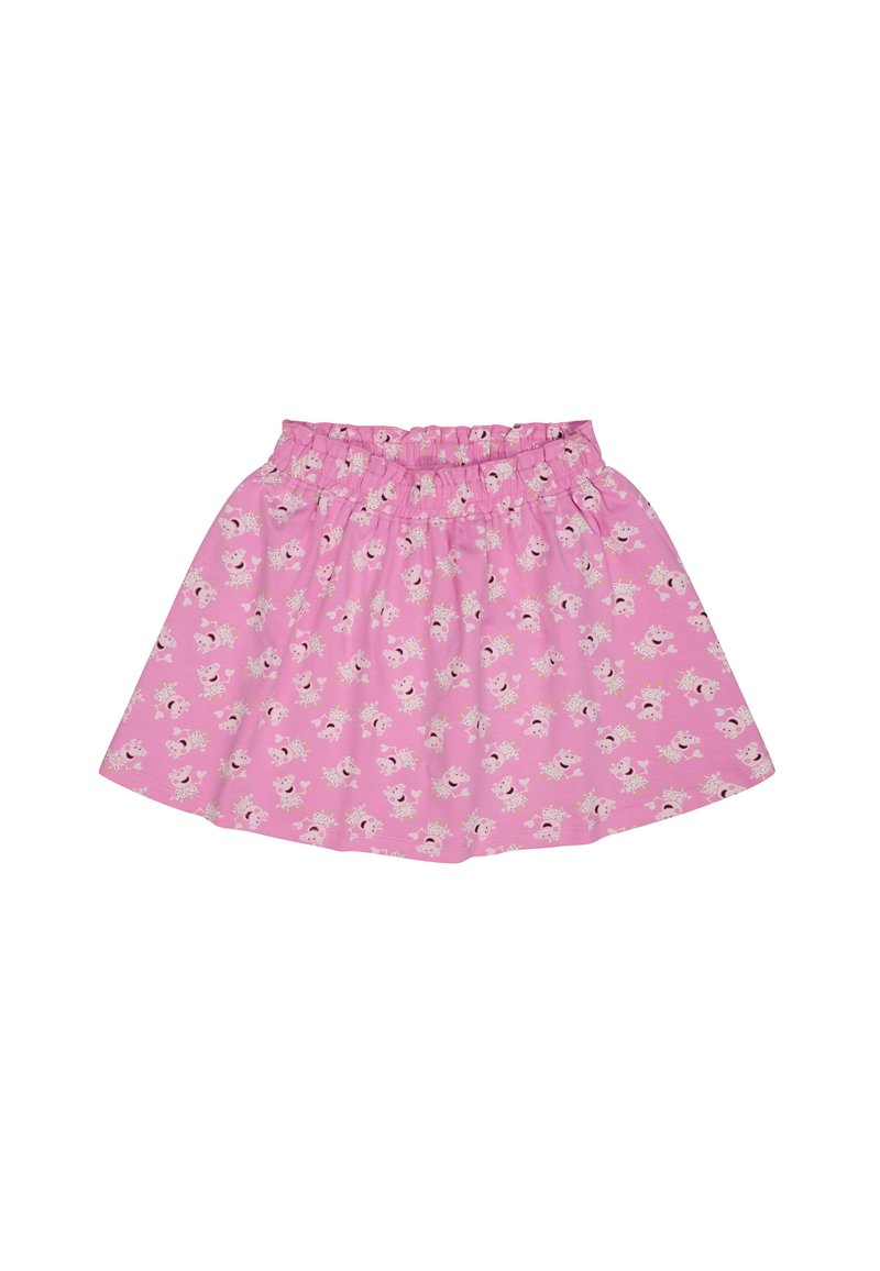Falda rosa con cintura elástica, que presenta un diseño divertido de animales de dibujos animados y coronas impresas en toda la tela. Textura suave de algodón.