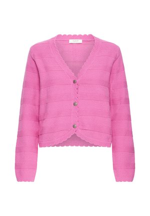 Cardigan en tricot rose avec un col en V, des bords festonnés et des rayures texturées. Il possède trois boutons sur le devant et des manches longues.
