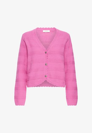 Cardigan en tricot rose avec un col en V, des bords festonnés et des rayures texturées. Il possède trois boutons sur le devant et des manches longues.