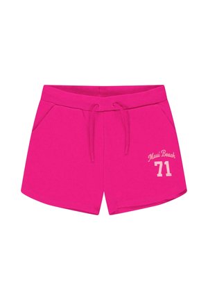 Felroze casual korte broek met trekkoord in de taille, zijzakken en witte "Maui Beach 71" tekst op het rechtervoorbeen.