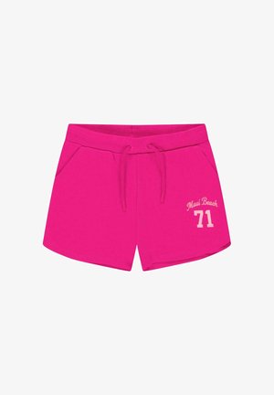 Felroze casual korte broek met trekkoord in de taille, zijzakken en witte "Maui Beach 71" tekst op het rechtervoorbeen.