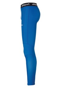 Blauwe sportleggings van rekbare stof, met een zwarte tailleband met "uhlsport" branding. Glad textuur en taps toelopend ontwerp.